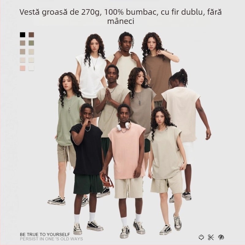 MQFuShi tricou fără mâneci din bumbac, 32S fir dublu, 270 g, bumbac 100%, greutate mare, croială lejeră, stil sport