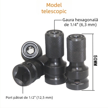 East and cheie electrică cu cap de conversie din tub elastic telescopic, convertor hexagonal, 1/2" drive, 1/4" hex tool