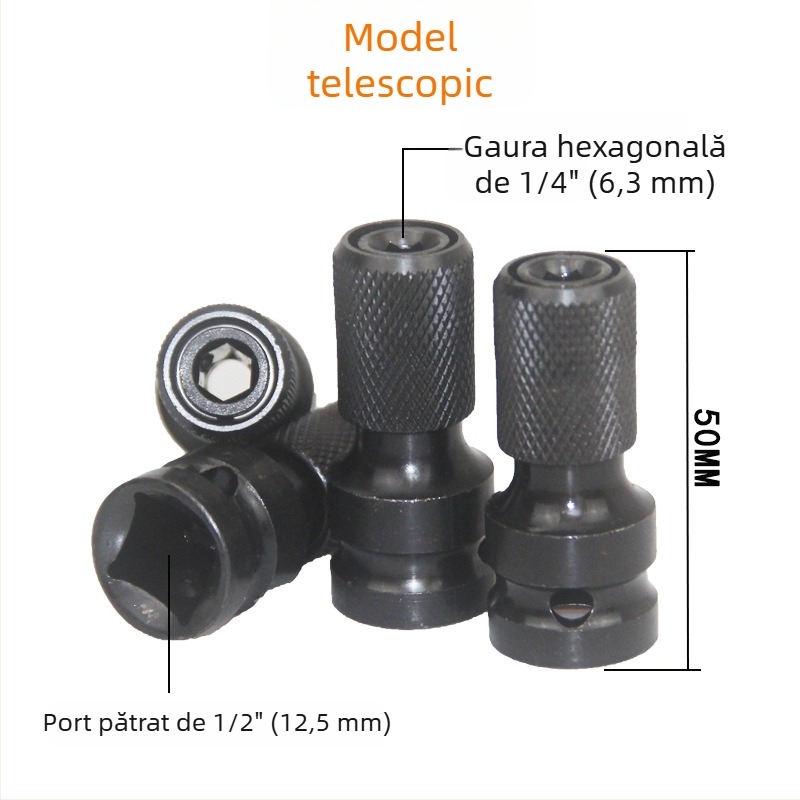 East and cheie electrică cu cap de conversie din tub elastic telescopic, convertor hexagonal, 1/2" drive, 1/4" hex tool