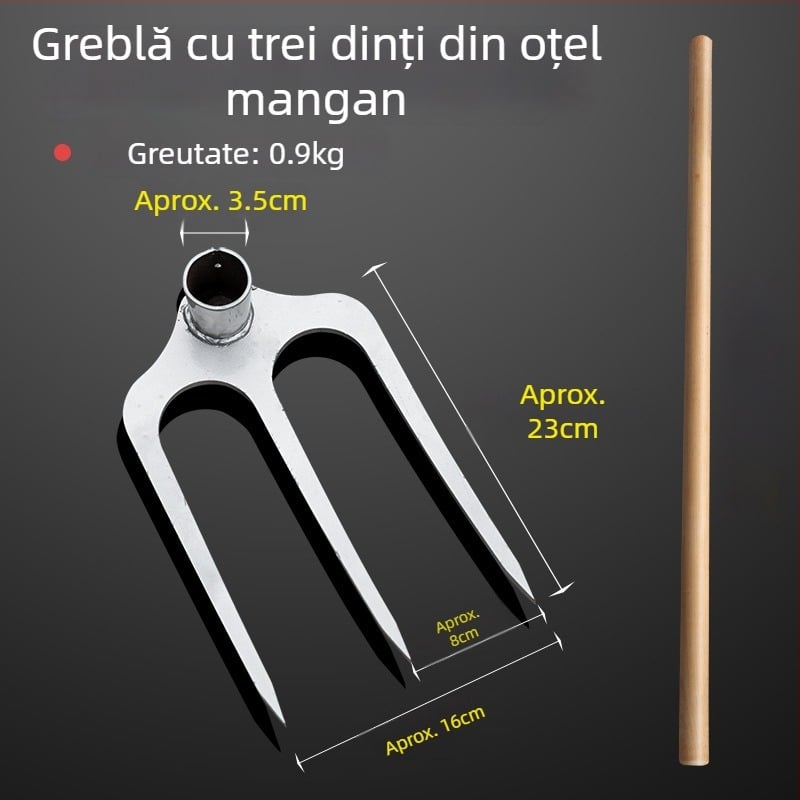 Răzuitor cu trei dinți din oțel turnat – unealtă agricolă pentru întoarcerea și afânarea solului; manganasă oțel
