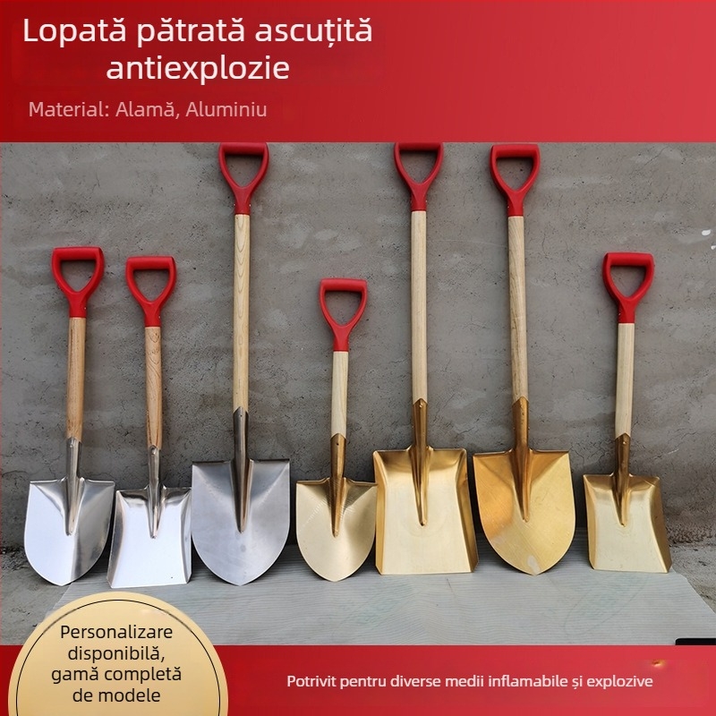 Lopată industrială antiexplozie, fără scântei, din aliaj de aluminiu — formă pătrată și vârf, dimensiuni mari și mici
