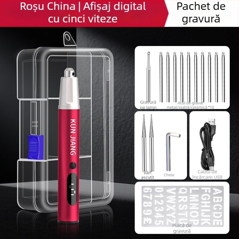 Creion electric de gravură cu afișaj digital, reîncărcabil, pentru gravare pe ouă, lemn, piatră, jad și metal.