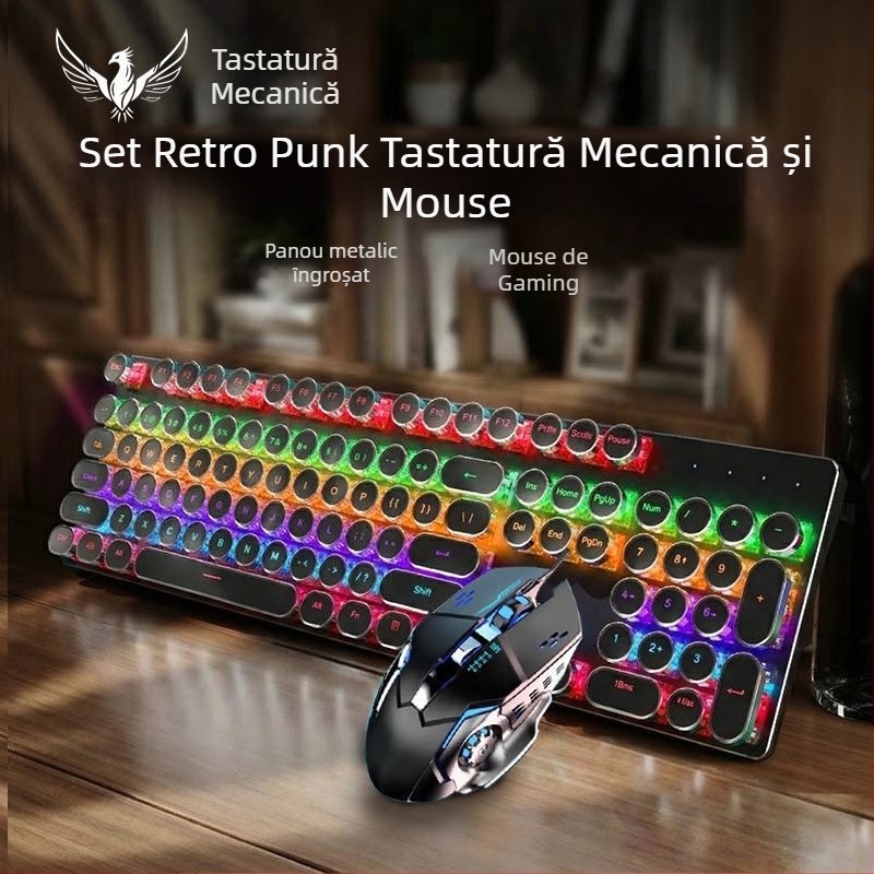 RS6 Tastatură și mouse mecanice, set cablat, switchuri albastre și negre, pentru gaming și muncă la birou