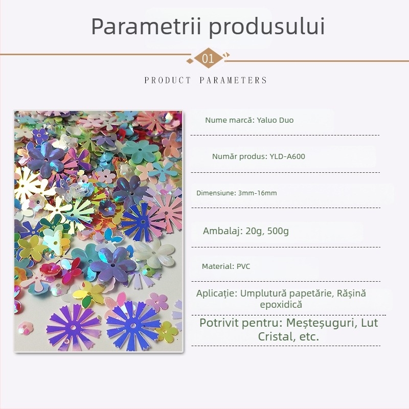 Floare cu motiv de soare, stil mixt, cu paiete de 10 mm și accente cristal pentru rășină