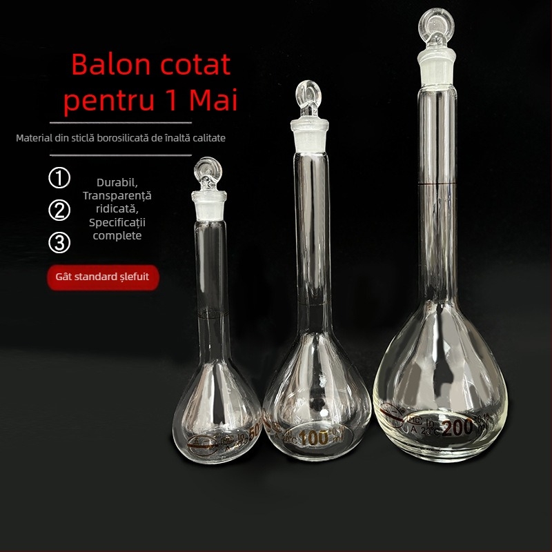 Flacon volumetric din sticlă, clasa A, alb, cu linie de gradație unică; variantă maro