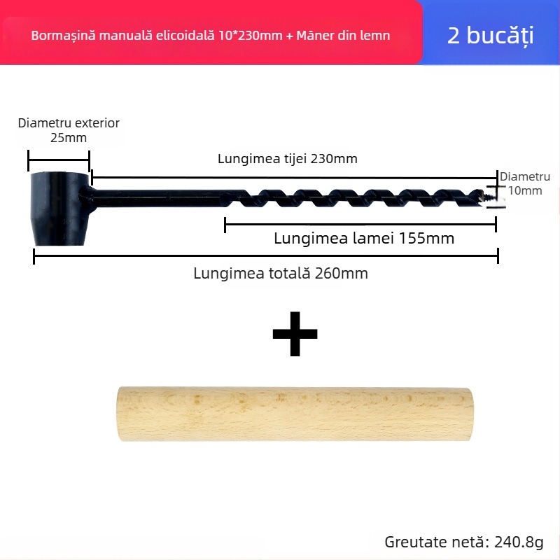Burghiu manual pentru lemn, pentru utilizare în aer liber, burghiu helicoidal manual pentru supraviețuire în teren, burghiu multifuncțional pentru găuri circulare în lemn umed