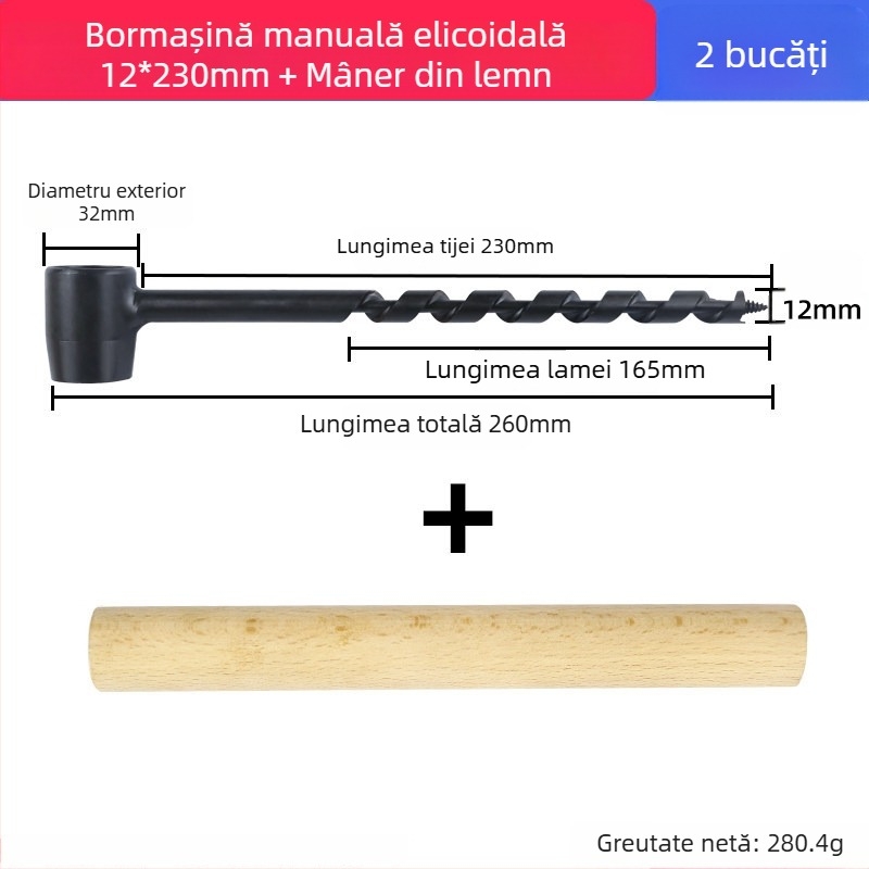 Burghiu manual pentru lemn, pentru utilizare în aer liber, burghiu helicoidal manual pentru supraviețuire în teren, burghiu multifuncțional pentru găuri circulare în lemn umed