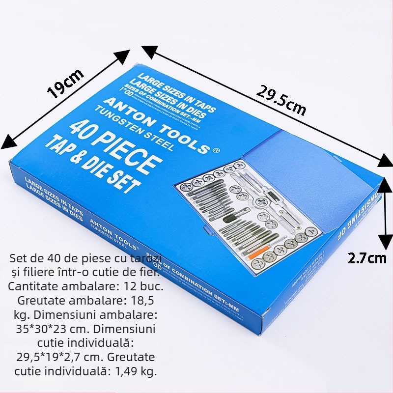 Set de 40 piese manual pentru filetare și matrițe, cu chei din oțel aliat