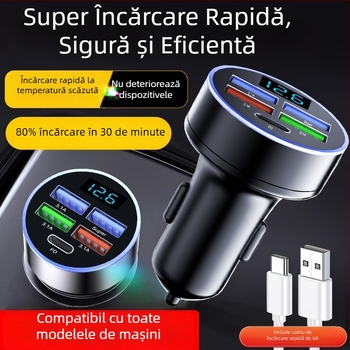 Încărcător auto cu adaptor de brichetă și interfață USB cu cinci pini