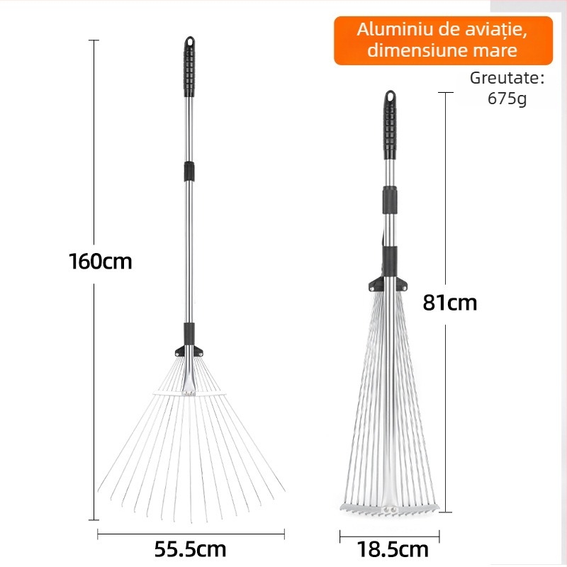 Greblă telescopică pentru frunze și iarbă, cu gheară metalică