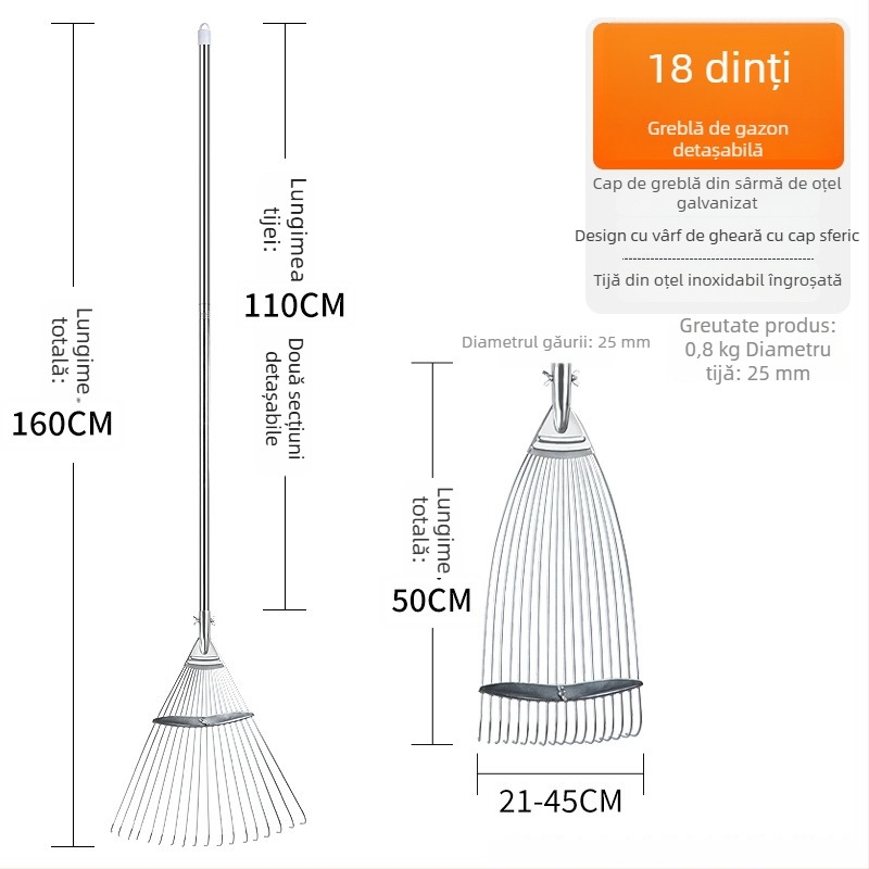Greblă telescopică pentru frunze și iarbă, cu gheară metalică