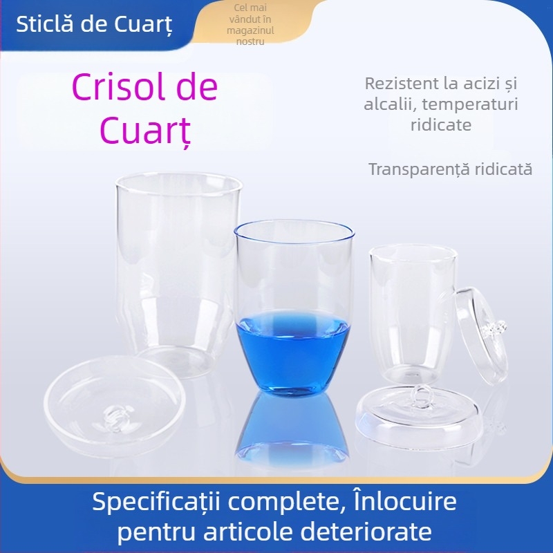 Crucibil de cuarț, puritate înaltă, rezistent la temperaturi înalte, capacități 50/100/200/300 ml, transparent, rezistent la acide și baze până la 1400°C