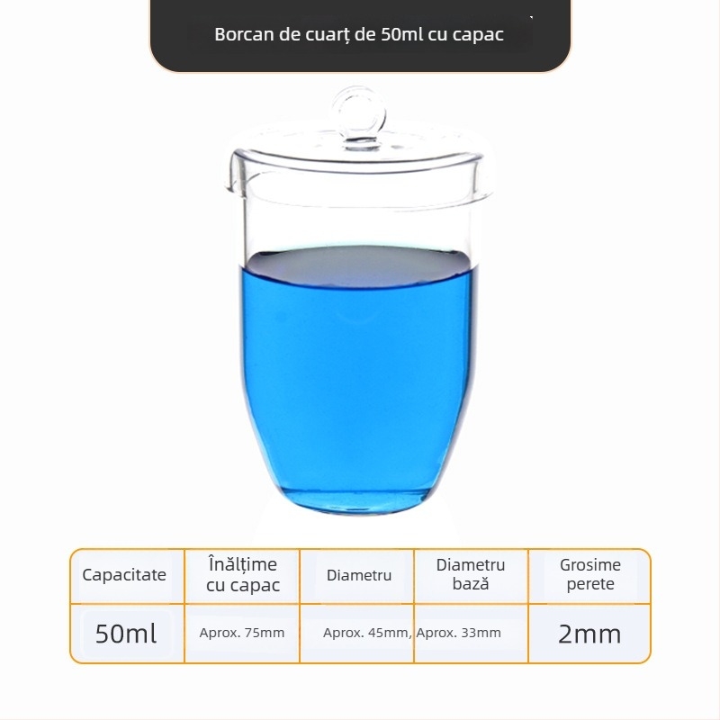Crucibil de cuarț, puritate înaltă, rezistent la temperaturi înalte, capacități 50/100/200/300 ml, transparent, rezistent la acide și baze până la 1400°C