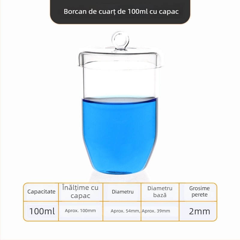 Crucibil de cuarț, puritate înaltă, rezistent la temperaturi înalte, capacități 50/100/200/300 ml, transparent, rezistent la acide și baze până la 1400°C