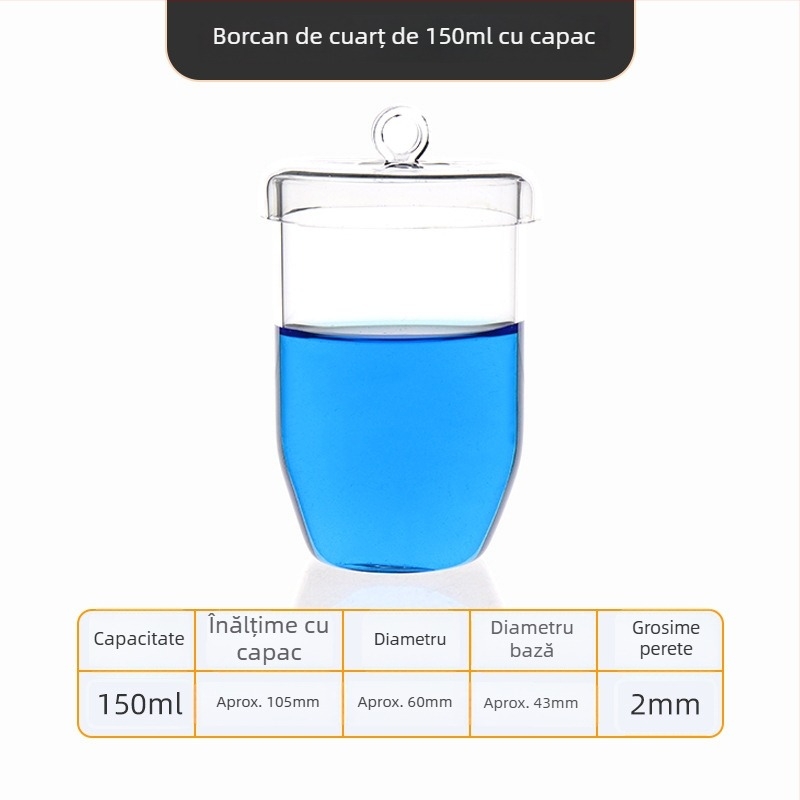 Crucibil de cuarț, puritate înaltă, rezistent la temperaturi înalte, capacități 50/100/200/300 ml, transparent, rezistent la acide și baze până la 1400°C