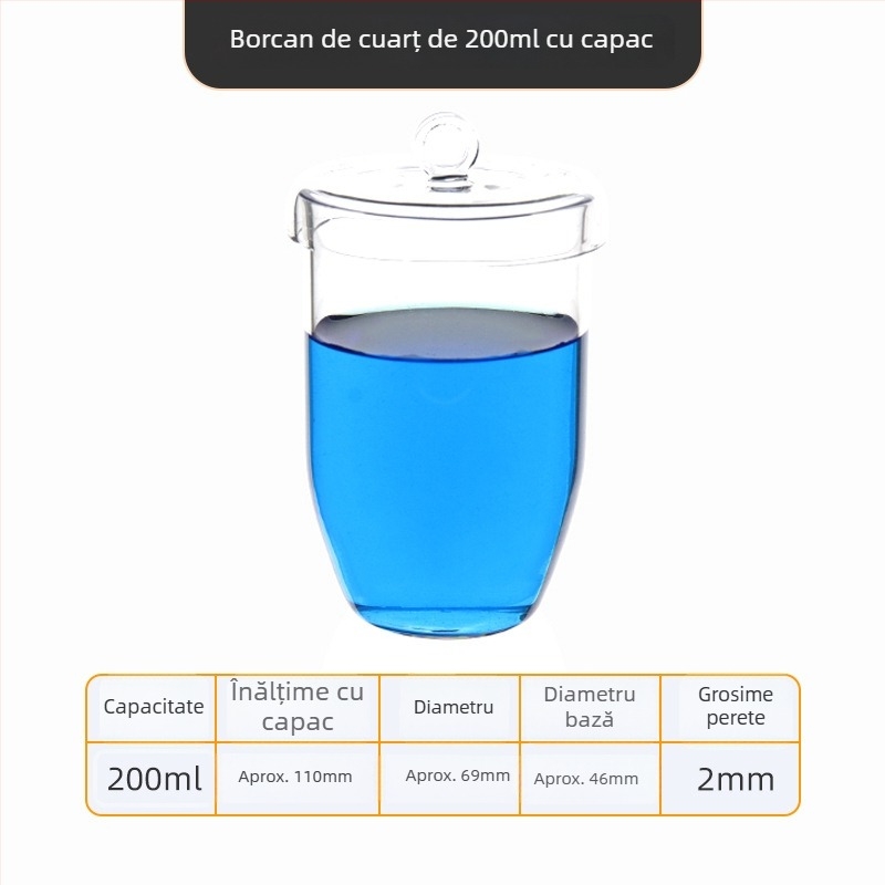 Crucibil de cuarț, puritate înaltă, rezistent la temperaturi înalte, capacități 50/100/200/300 ml, transparent, rezistent la acide și baze până la 1400°C