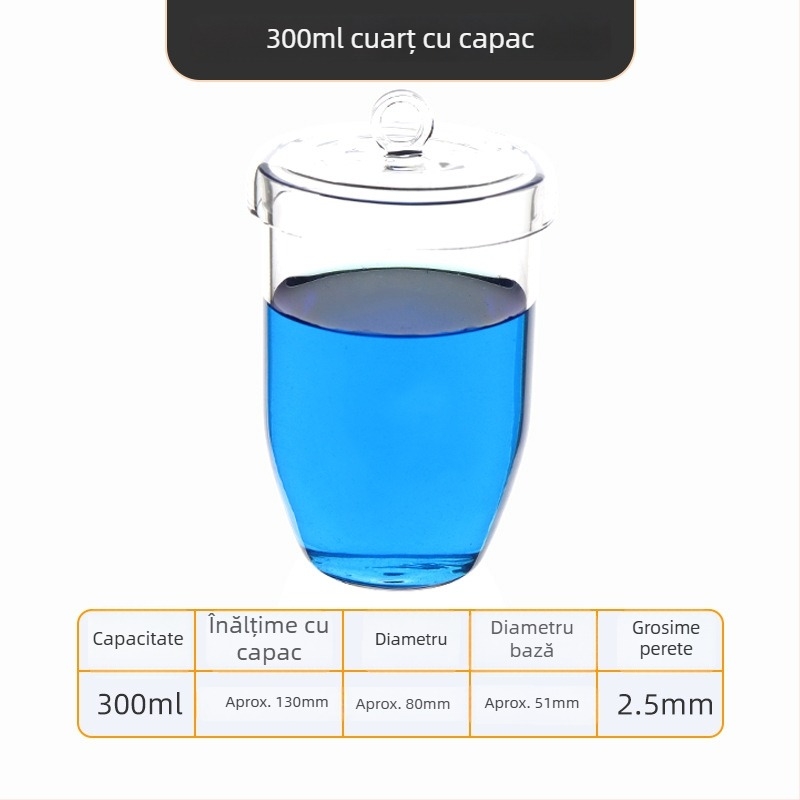 Crucibil de cuarț, puritate înaltă, rezistent la temperaturi înalte, capacități 50/100/200/300 ml, transparent, rezistent la acide și baze până la 1400°C