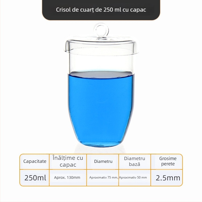 Crucibil de cuarț, puritate înaltă, rezistent la temperaturi înalte, capacități 50/100/200/300 ml, transparent, rezistent la acide și baze până la 1400°C