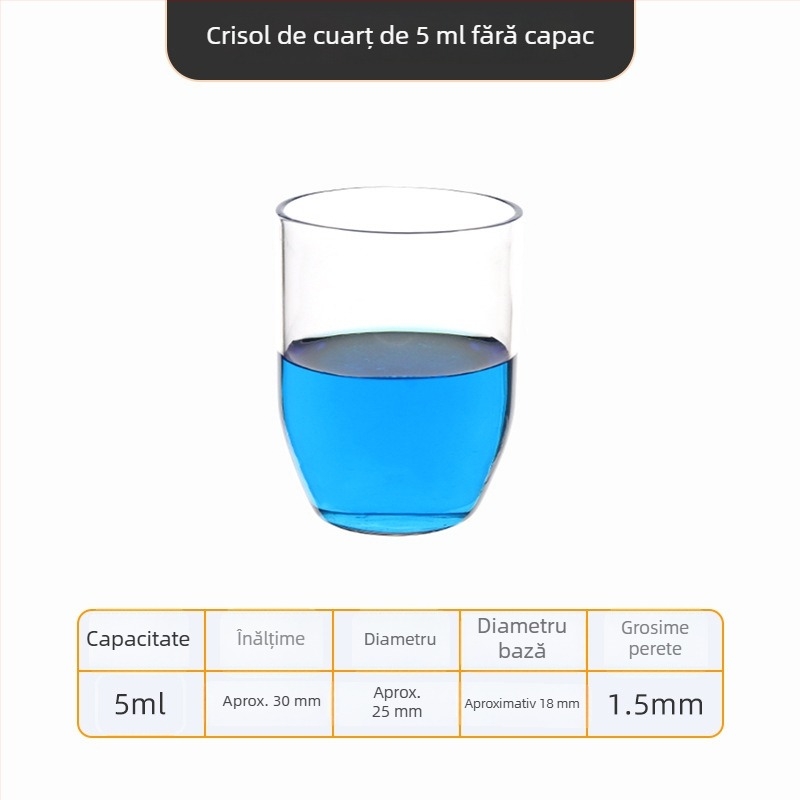 Crucibil de cuarț, puritate înaltă, rezistent la temperaturi înalte, capacități 50/100/200/300 ml, transparent, rezistent la acide și baze până la 1400°C
