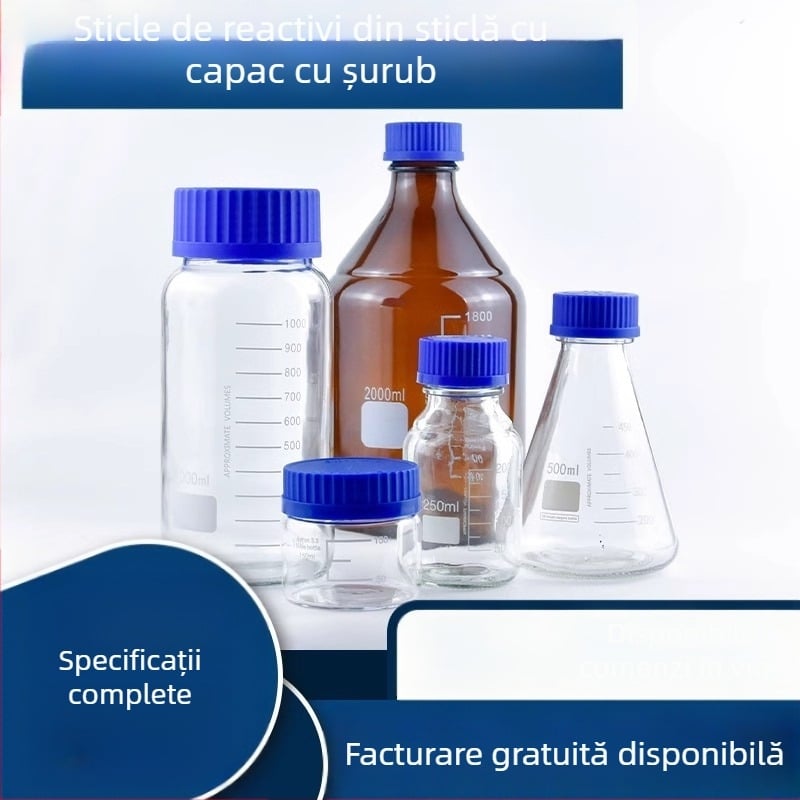 Recipient de laborator din sticlă, capac albastru etanș, volume 100/250/500/1000 ml