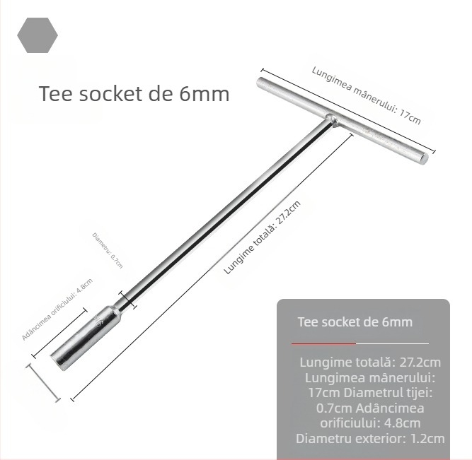 Cheie în formă de T cu cap hexagonal extern, manuală, lungă, pentru reparații auto și motociclete