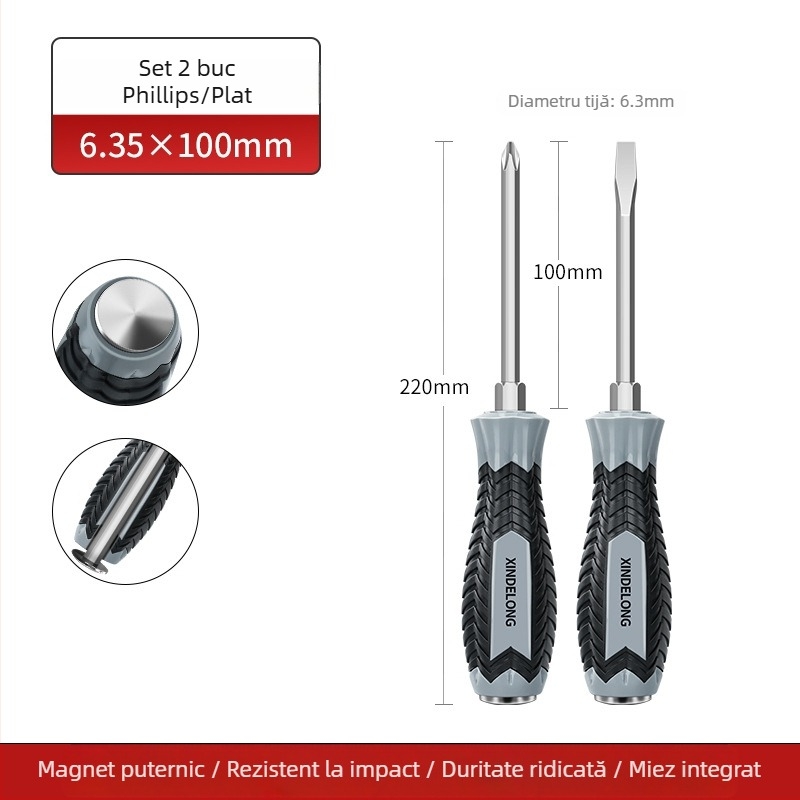 Șurubelniță manuală industrială cu tijă hexagonală groasă, din oțel crom-vanadiu Cr-V