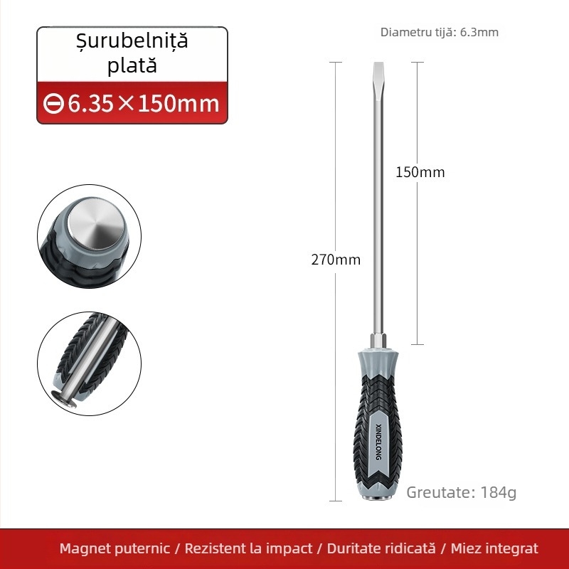 Șurubelniță manuală industrială cu tijă hexagonală groasă, din oțel crom-vanadiu Cr-V
