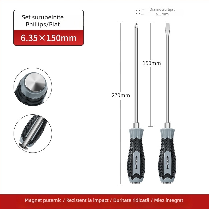 Șurubelniță manuală industrială cu tijă hexagonală groasă, din oțel crom-vanadiu Cr-V