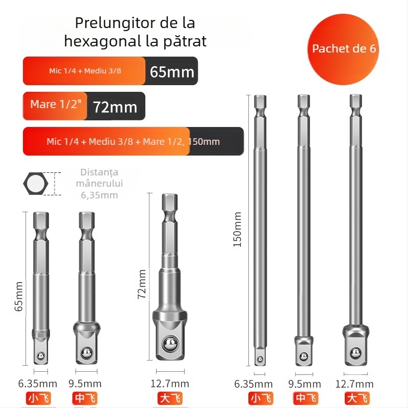 Adaptor hexagonal la cuplă pătrată pentru bormașină și șurubelniță electrică, tijă de conectare, 6,3 mm