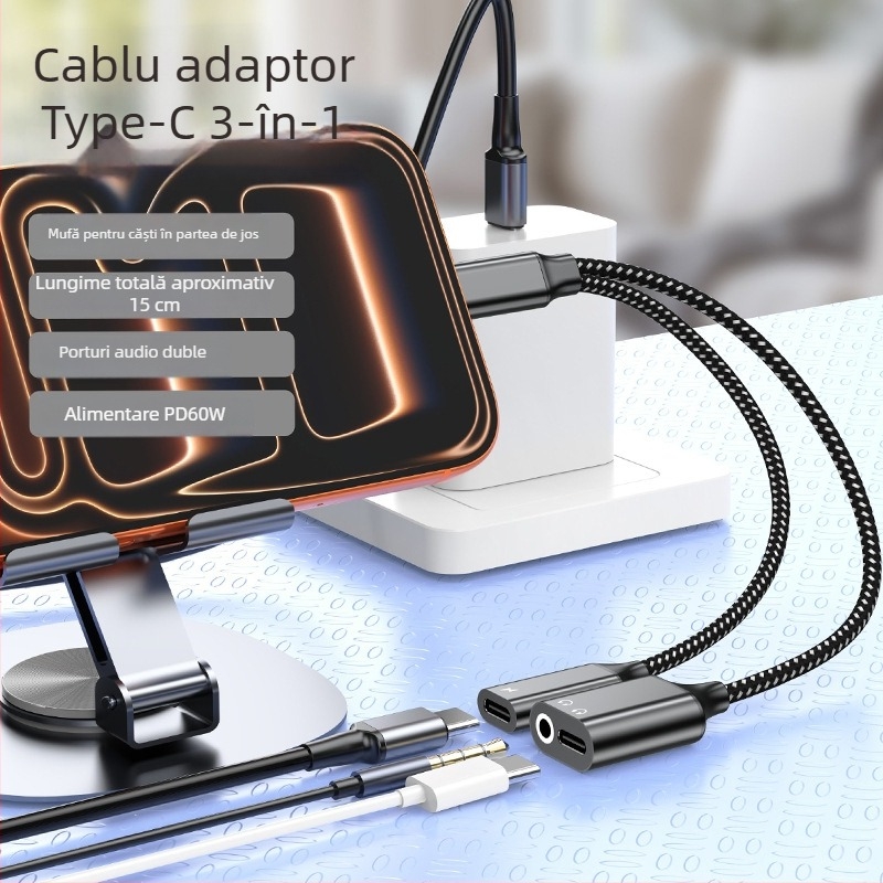 Adaptor audio Type-C la 3,5 mm cu port de încărcare, două funcții într-unul, pentru telefoane și tablete Android