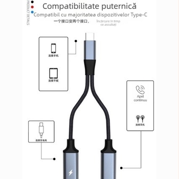 Adaptor Type-C către USB-C femelă duală, încărcare rapidă, DAC decoder, universal pentru telefoane și calculatoare