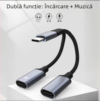 Adaptor Type-C către USB-C femelă duală, încărcare rapidă, DAC decoder, universal pentru telefoane și calculatoare