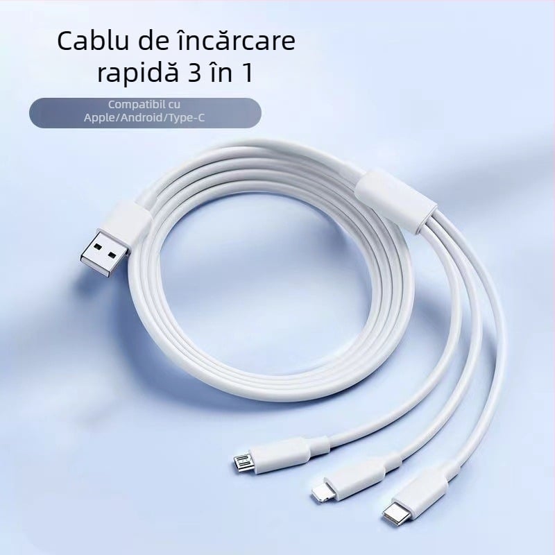 Cablu alb 3 în 1 de 6A pentru încărcare rapidă, cu conectori Mini USB, Micro USB și Type-C pentru Apple, Android, Huawei și Xiaomi.