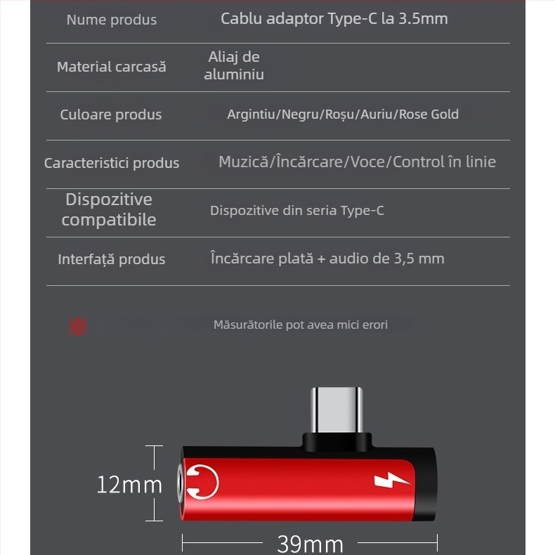 Adaptor Type-C pentru telefoane Huawei/Xiaomi Android, convertor audio pentru căști, încărcare 2 în 1