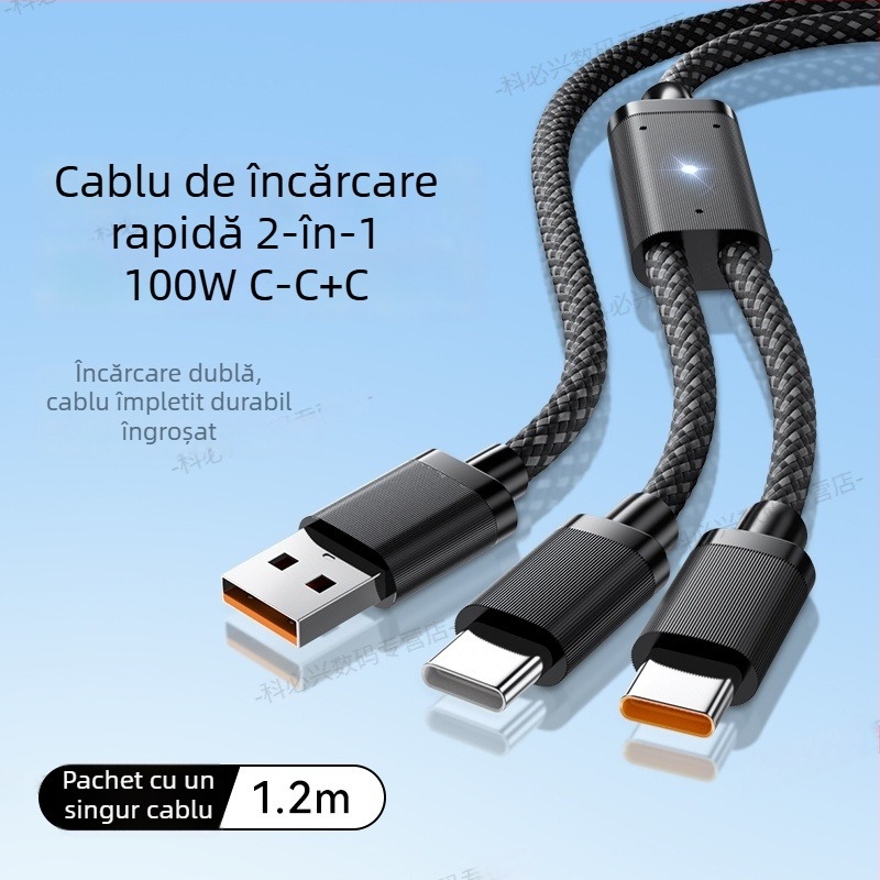 Cablu de date cu LED de respirație, unu la doi, 2 în 1, USB Type-C 6A, compatibil cu Huawei și iPhone 17