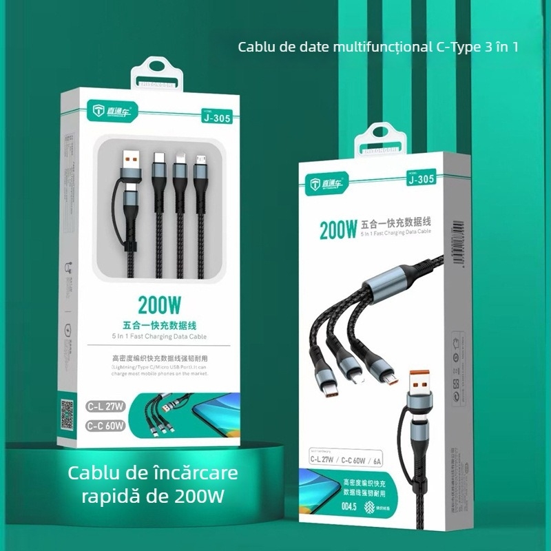J305 cablu de date și încărcare împletit, 5 în 1, USB-C, Lightning și Micro USB, lungime 1,2 m, negru, încărcare rapidă până la 120W