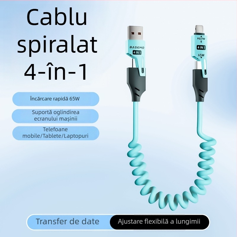 65W cablu auto de încărcare retractabil, cu două ieșiri – Lightning și USB-C, 1,5 m, încărcare rapidă
