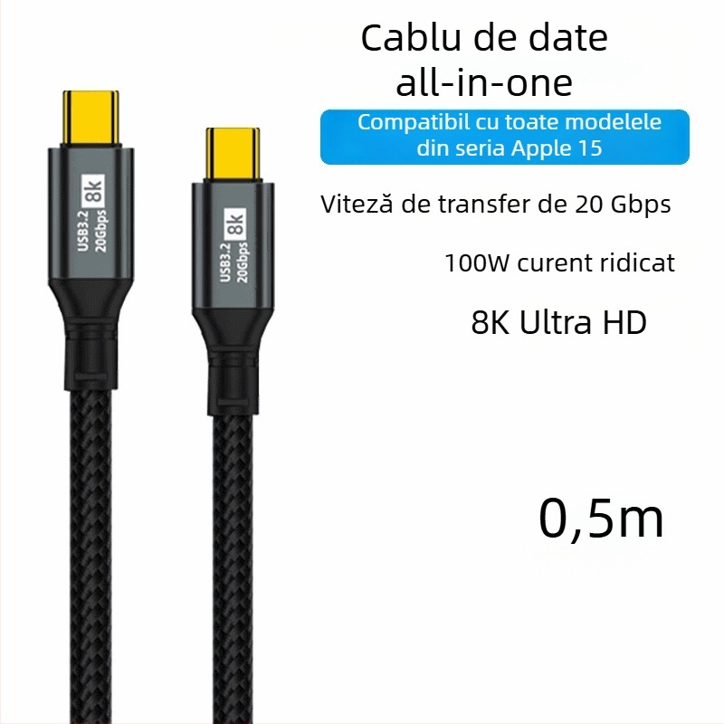 Cablul dual Type-C pentru date, încărcare rapidă de 100W, proiecție ecran 8K HD, pentru telefoane și tablete, transfer de date la viteză mare