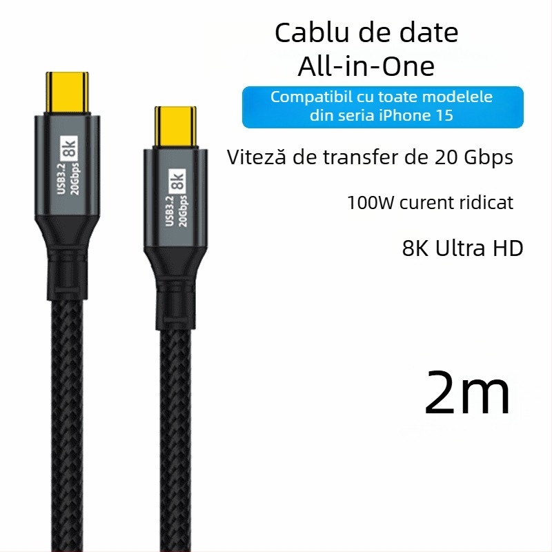 Cablul dual Type-C pentru date, încărcare rapidă de 100W, proiecție ecran 8K HD, pentru telefoane și tablete, transfer de date la viteză mare