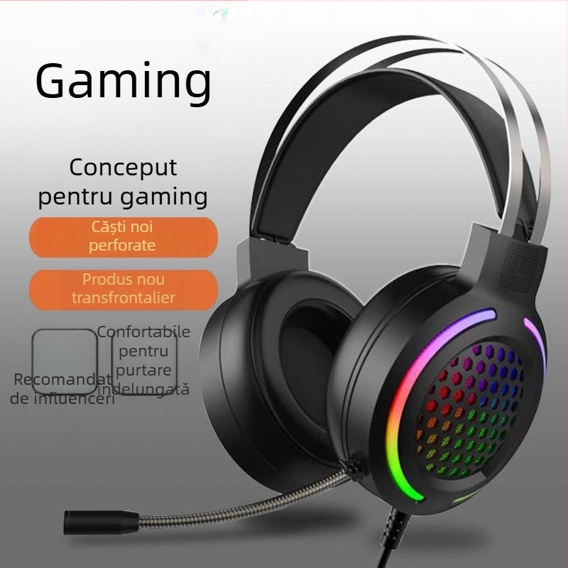 Căști de gaming USB RGB cu microfon, sunet surround 7.1, cablate