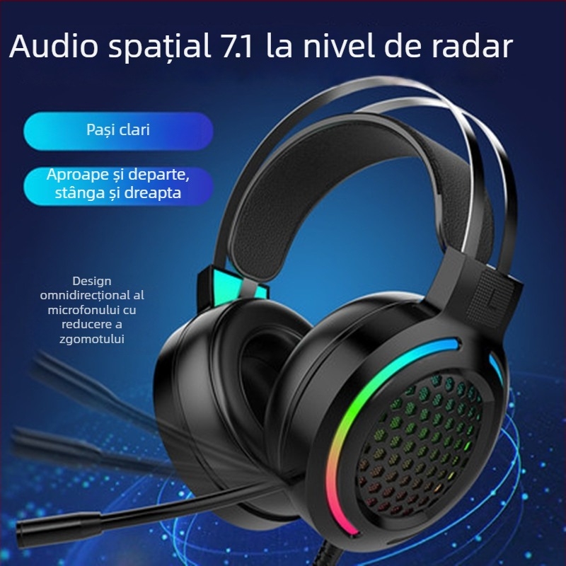 Căști de gaming USB RGB cu microfon, sunet surround 7.1, cablate
