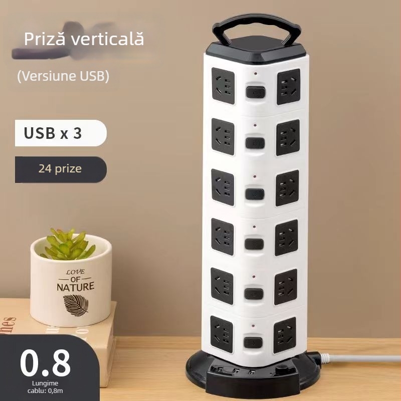 Priză USB verticală inteligentă cu cablu lung, prize multiple pentru biroul de acasă
