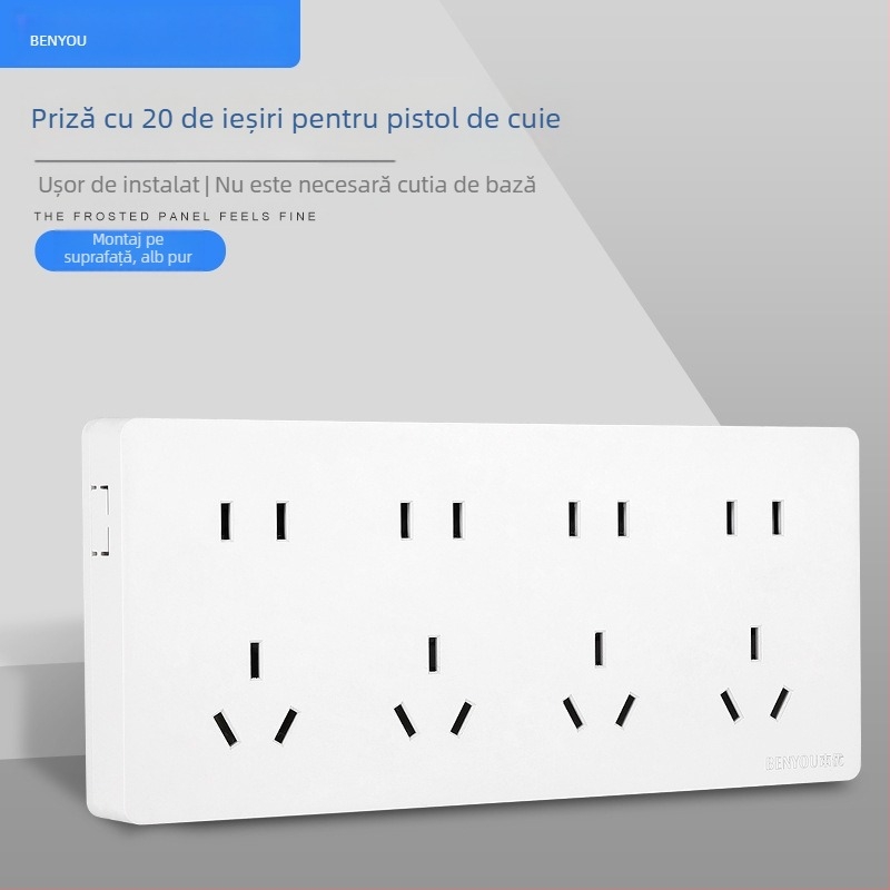 Panou cu întrerupător și priză de perete, montare pe suprafață, tip 86, 20 găuri, 3 prize, 10A, ultra-subțire