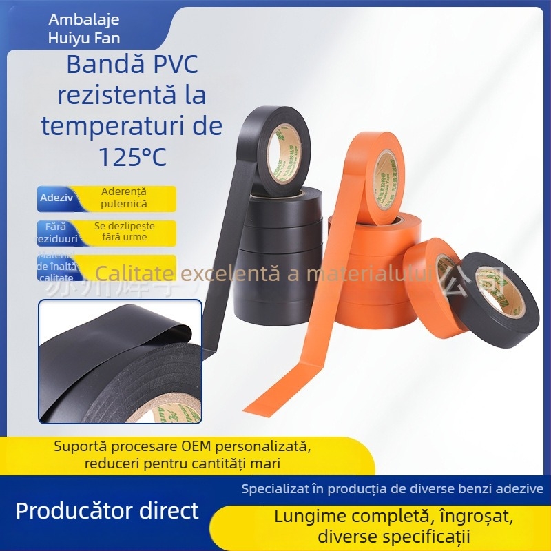 Bandă PVC pentru electricieni, rezistență la 125°C, grosime sporită, rezistentă la uzură, aderență înaltă, fără urme, negru și portocaliu, pentru cabluri