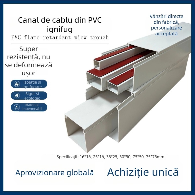 Canal PVC pătrat pentru cabluri, autoadeziv, montaj pe pereți, 16x16–75x75 mm