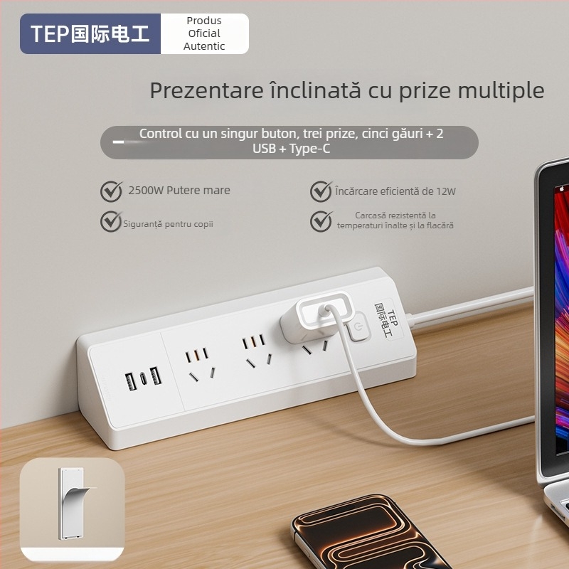 Prelungitor inteligent cu priză triunghiulară înclinată USB, multi-port pentru cămin și casă