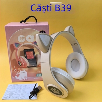 Căști Bluetooth B39M cu urechi de pisică și iluminare, over-ear, fără fir pentru telefoane mobile