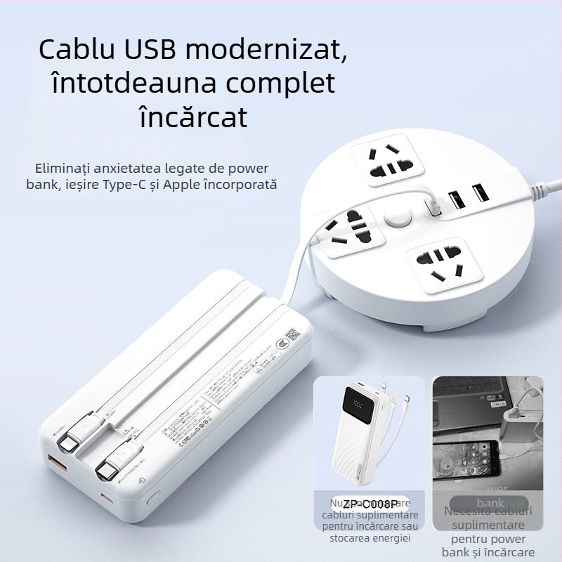 Power bank certificat 3C pentru încărcare rapidă, capacitate mare, cablu încorporat, afișaj digital inteligent, încărcare rapidă PD, 20000mAh