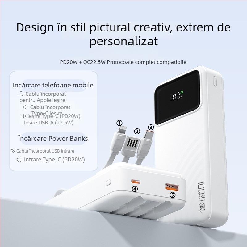 Power bank certificat 3C pentru încărcare rapidă, capacitate mare, cablu încorporat, afișaj digital inteligent, încărcare rapidă PD, 20000mAh
