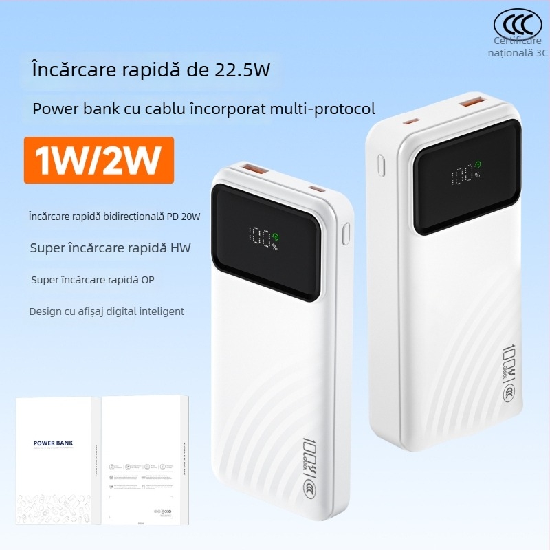 Power bank certificat 3C pentru încărcare rapidă, capacitate mare, cablu încorporat, afișaj digital inteligent, încărcare rapidă PD, 20000mAh